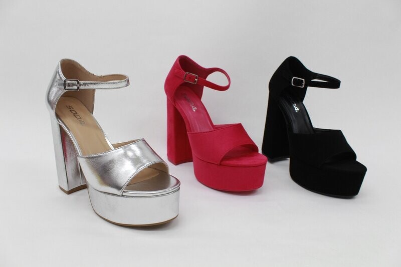 Talisa-S heels in black, silver, and hot pink with peep toe and thick heel for bold, modern sophistication.