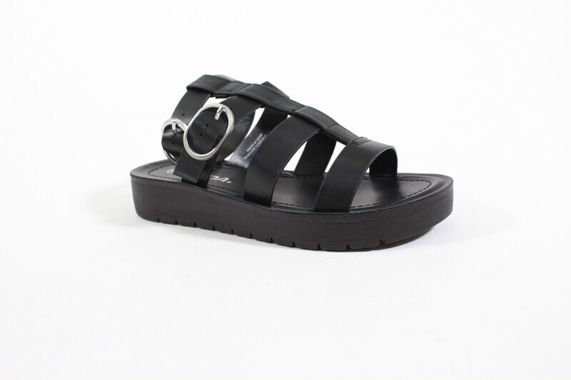 LEDELL black flat sandals with buckle ankle strap and smooth finish for relaxed, everyday wear.