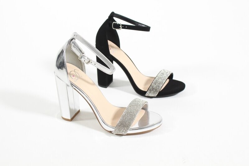 Laser block-heel sandals in silver and black with rhinestone toe strap and ankle support for formal style.