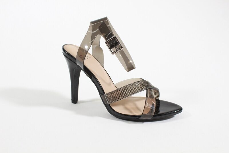 Smoke/Black heels with transparent toe band, sleek heel, and ankle strap for elegant comfort.