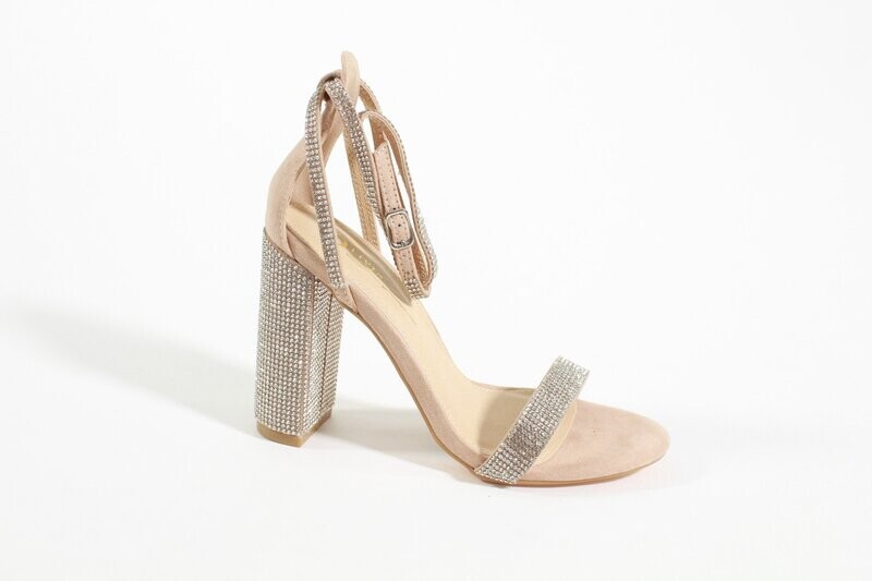 Camel Stamp heels by Olivia with rhinestone accents, ankle strap, and high heel for dazzling formal style.