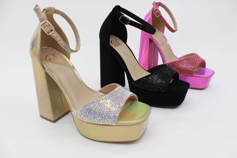 Elegant high heels with ankle strap and chunky heel in bold black, fuchsia, and iridescent tones.