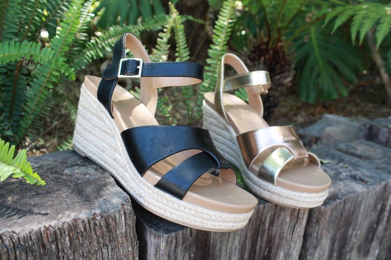 Front-S platform espadrilles in Black and Gold/Penny with espadrille soles and crossover straps.