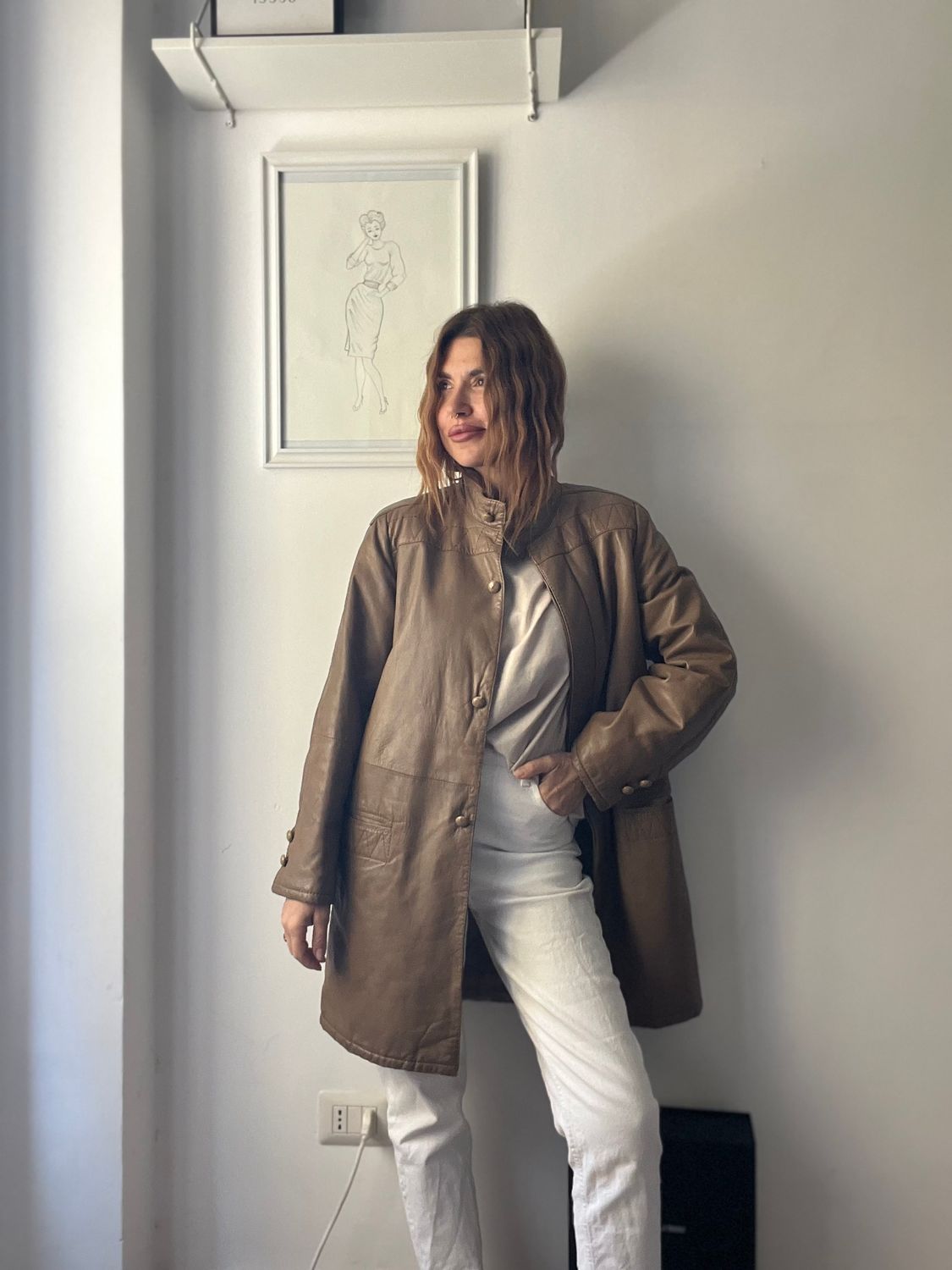 Giacca vintage in pelle chiaro-beige