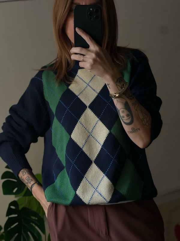 argyle sweater verde, blu e panna