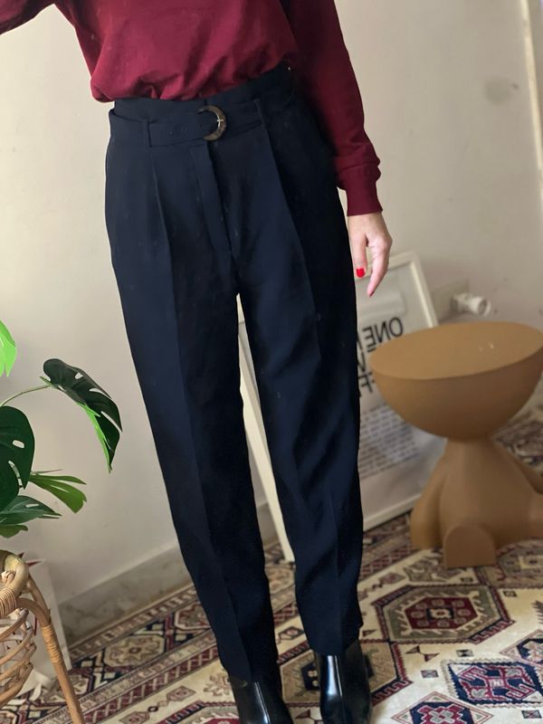 Pantaloni eleganti vita alta con fibbia effetto tartaruga