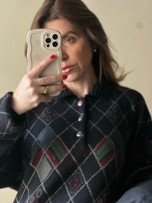 leather argyle sweater