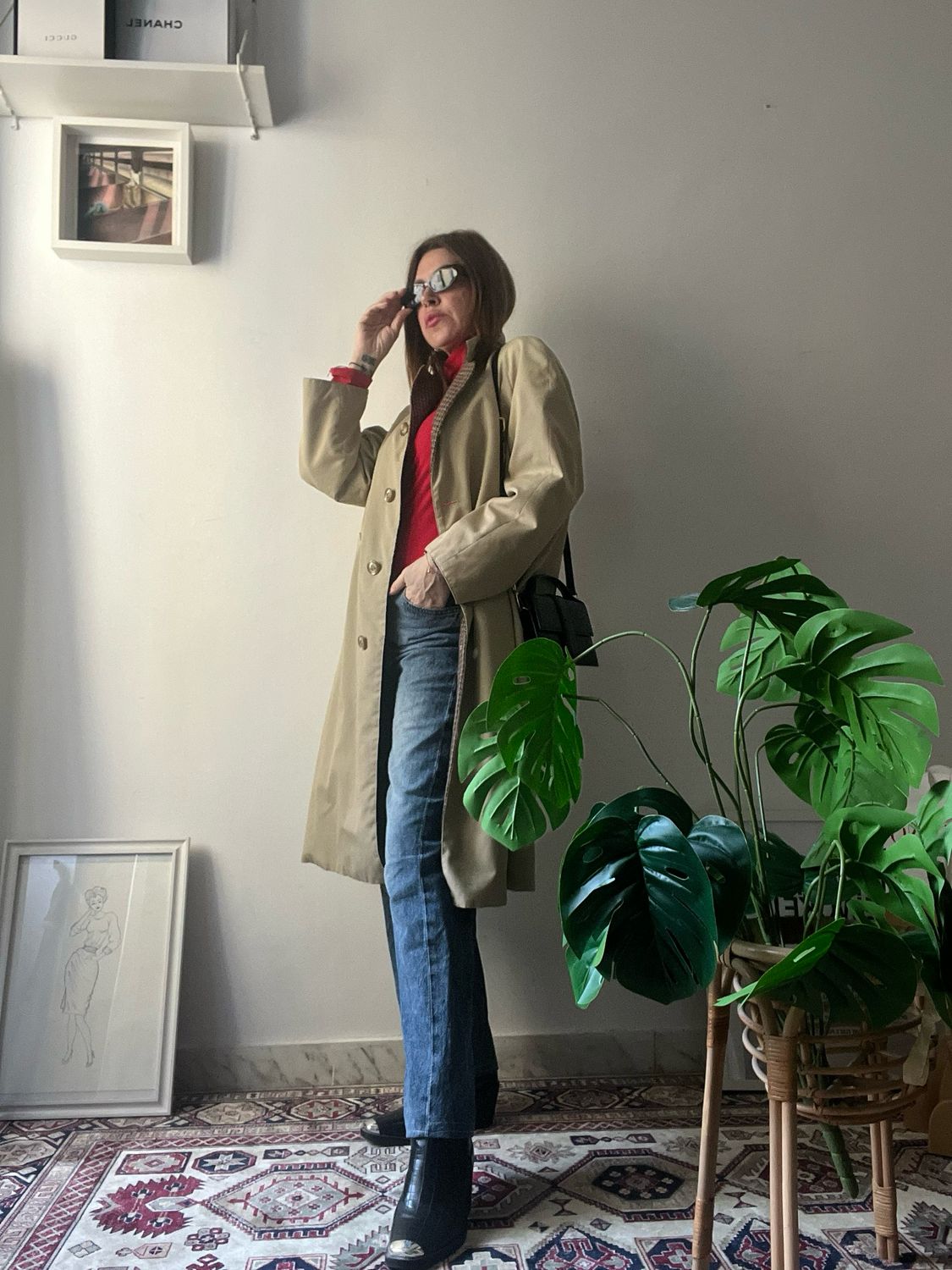 Trench vintage pied de poule marrone