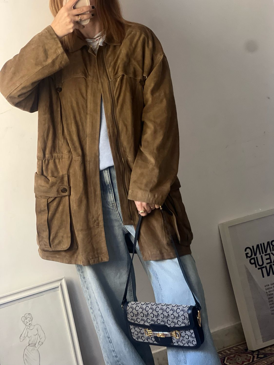 Giacca Vintage in Suede con Design a Mantellina