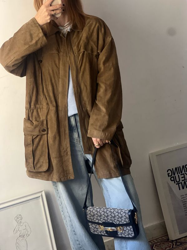 Giacca Vintage in Suede con Design a Mantellina