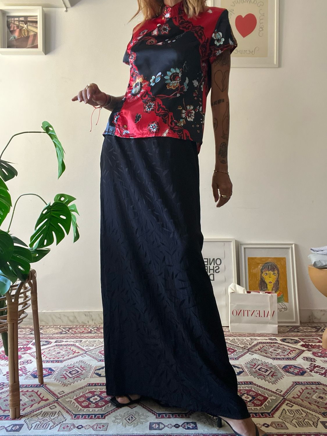 Flowing Leaves — Black Viscosa Vintage Skirt