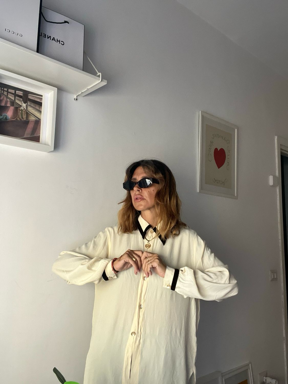 Cream Silk &amp; Velvet Trim Vintage Shirt