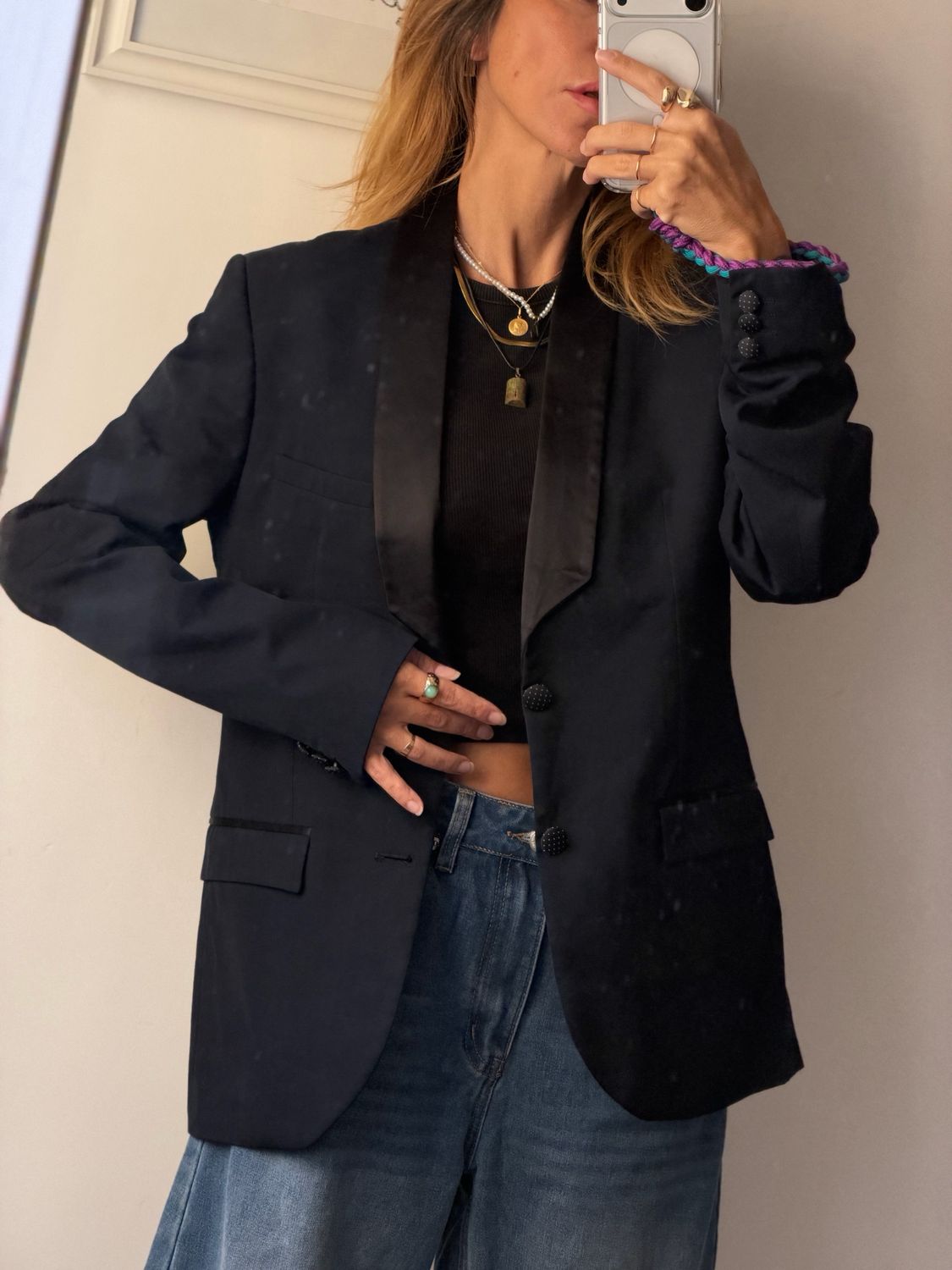 blazer navy con revers satinati