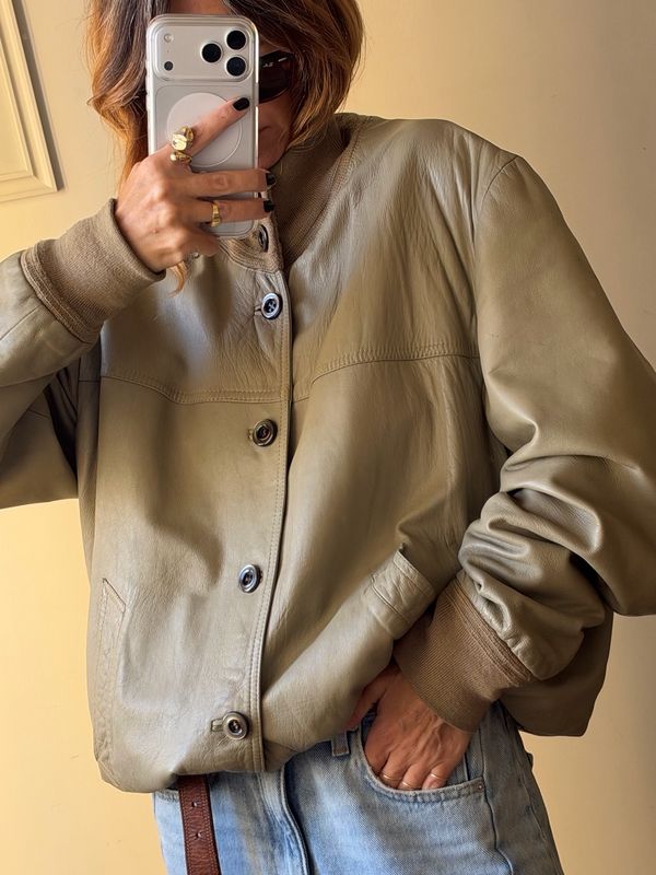 Gray vintage leather bomber