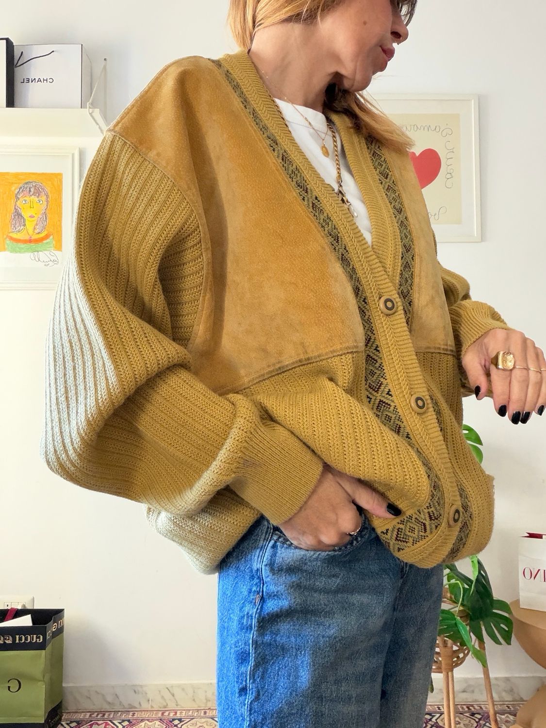 Vintage Mustard Yellow Sweater with Suede Details