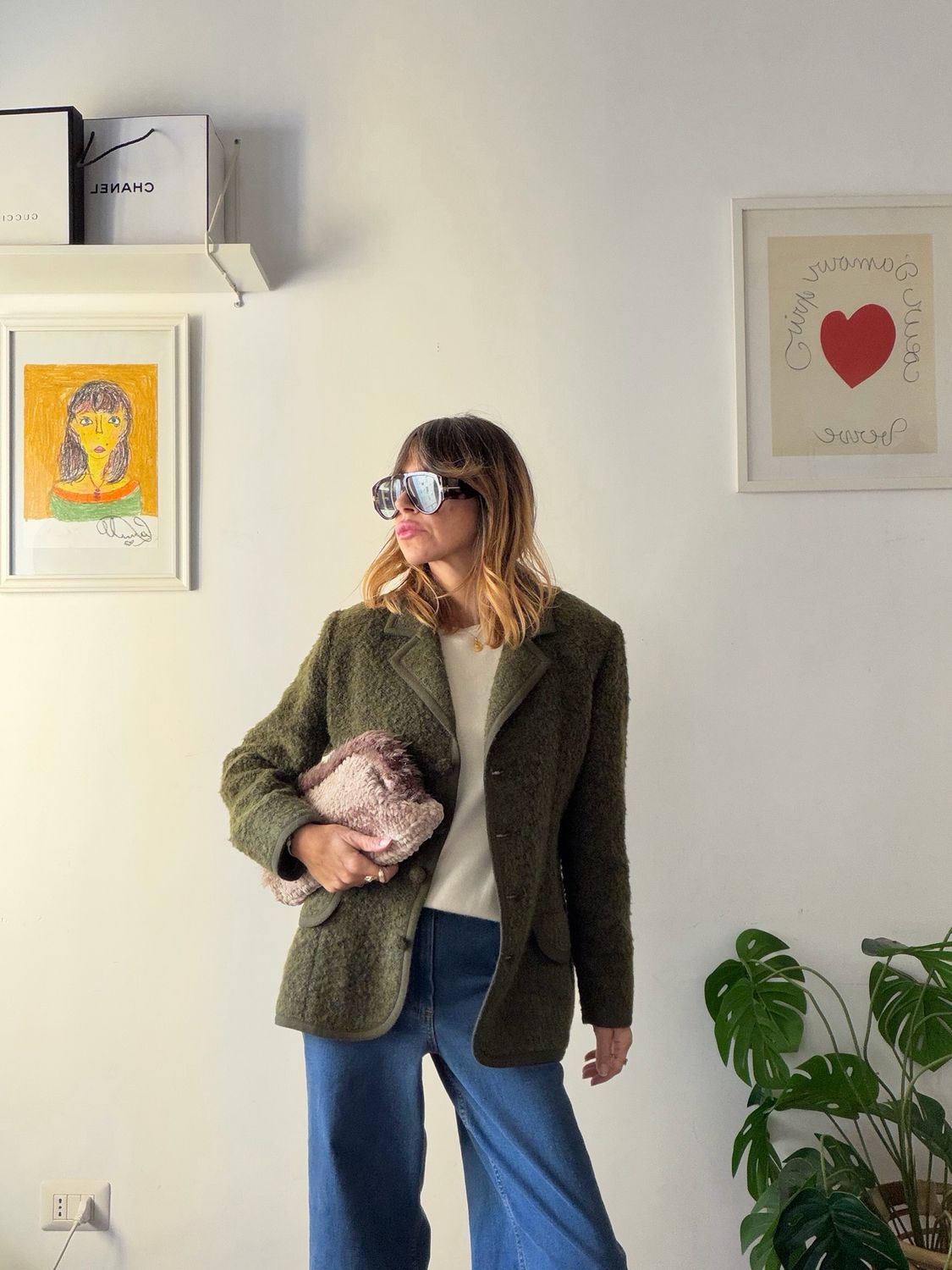 Olive Green Bouclé Blazer