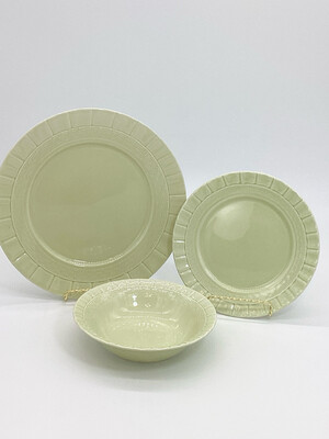 Basketweave Green by Martha Stewart (MSE) light green dinnerware set of 3 pieces: dinner plate, salad plate, and soup bowl adds a touch of elegance to your table setting, crafted from high-quality ceramic.