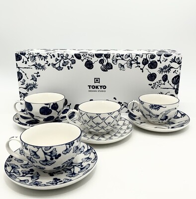 White and Blue Gift Set, featuring 4 Teacups and 4 Saucers with the &quot;Flora Japonica&quot; design by Tokyo Design Studio. Presented in a beautiful gift box, perfect for any occasion.