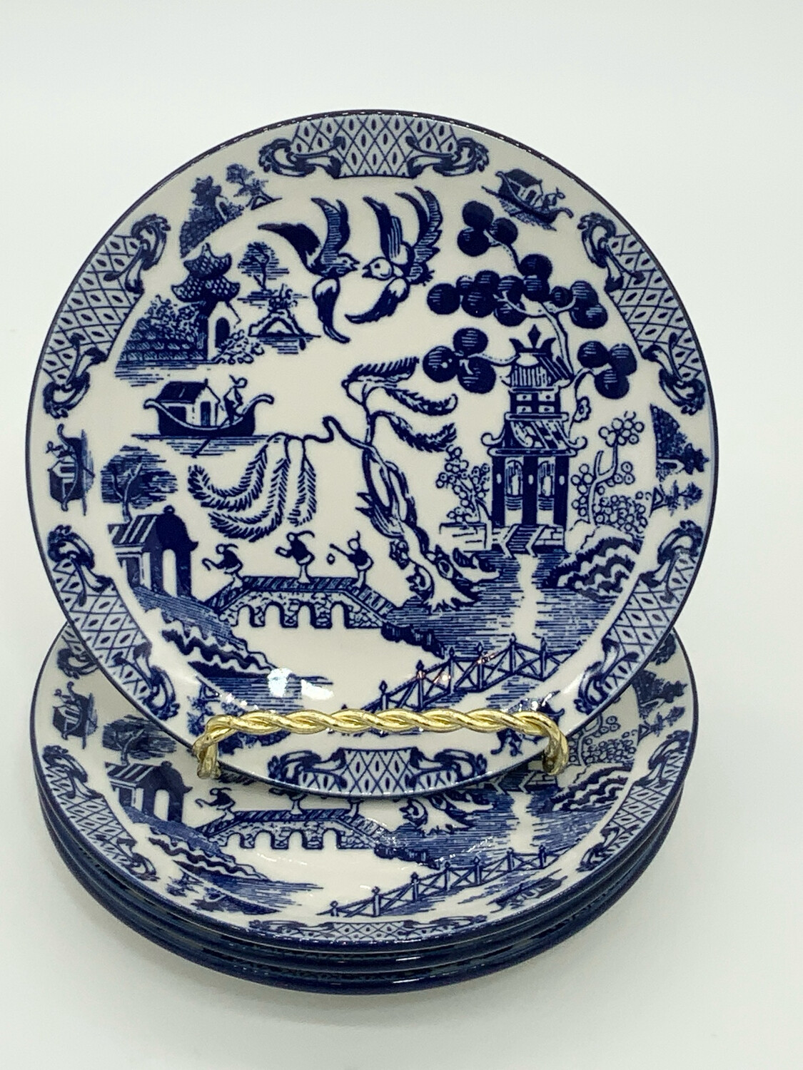 Set Of 4 Dessert Plates Blue Willow, White And Blue Design