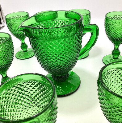 Emerald Green Hobnail Glassware Pitcher and 13 Goblets Set for Elegant Entertaining