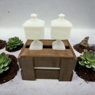 Vintage Set of 2 Milk Glass Compote Pedestals with Lid, Square Shape, Grapes and Leaves Pattern - Elegant Table Centerpieces