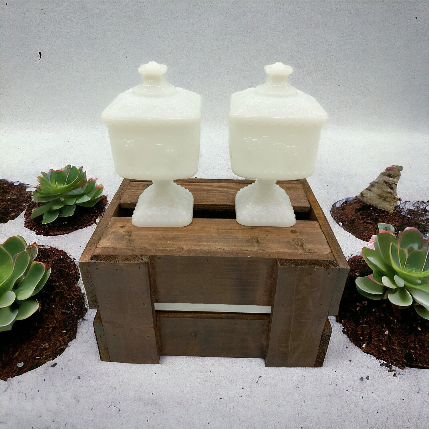 Vintage Set of 2 Milk Glass Compote Pedestals with Lid, Square Shape, Grapes and Leaves Pattern - Elegant Table Centerpieces