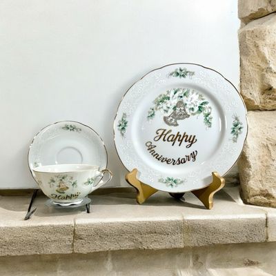 Anniversary Set of Teacup and Plate. This exquisite set makes a perfect anniversary gift, featuring elegant designs that symbolize love and togetherness. The beautifully crafted teacup and plate add a touch of sophistication to any occasion, making every sip and bite a memorable experience.