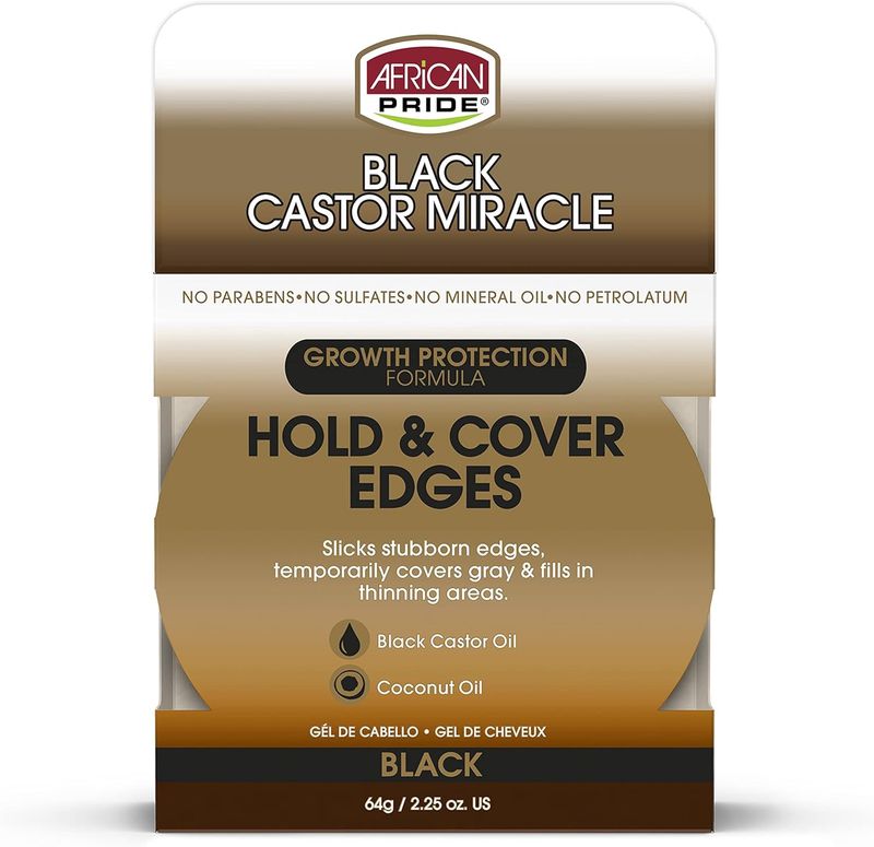 African Pride Black Castor Miracle Black Hold &amp; Cover Edge Gel - growth protection formula 64g