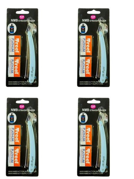 NMB SKY BLUE PLASTIC HANDLE STRAIGHT RAZOR BLADE 4PCS WITH TREET 10BLADES