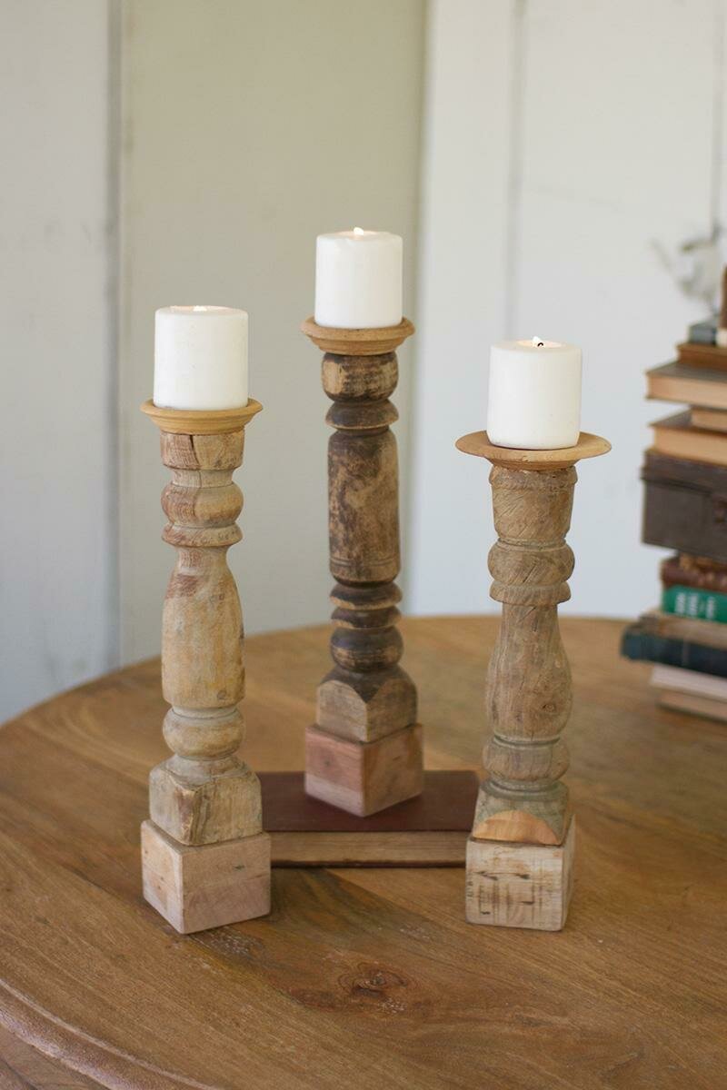 Wood Reclaimed Banister Set Of 3 Candle Holders