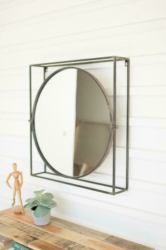 Round Mirror In Square Metal Frame Round Mirror In Square Metal Frame