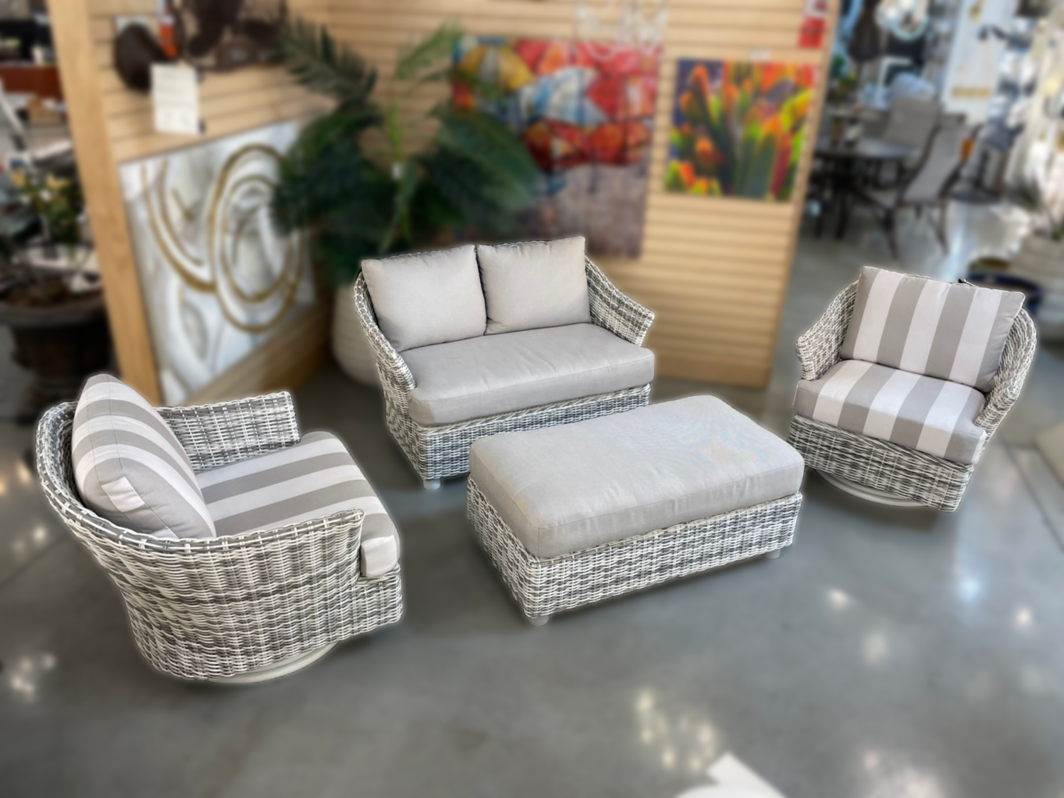 Sonoma White Wicker Set (1) Chair, (1) Ottoman (2) Swivel Chairs (SOLD AS SET)