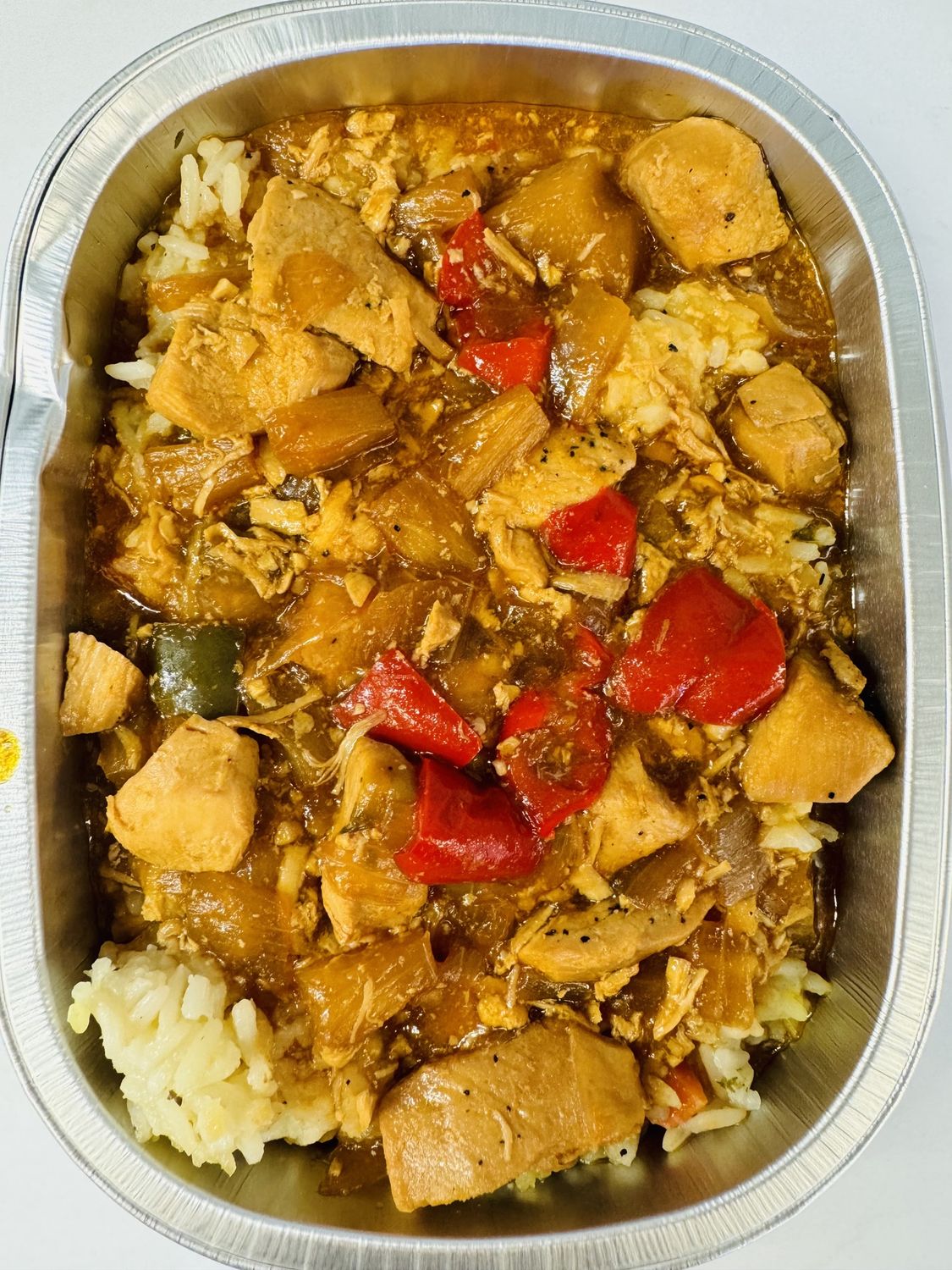 Poulet à l&#39;ananas - poivrons &amp; riz aux légumes