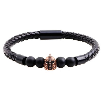 Men&#39;s Stainless Steel Genuine Leather Spartan Warrior Helmet Bracelet