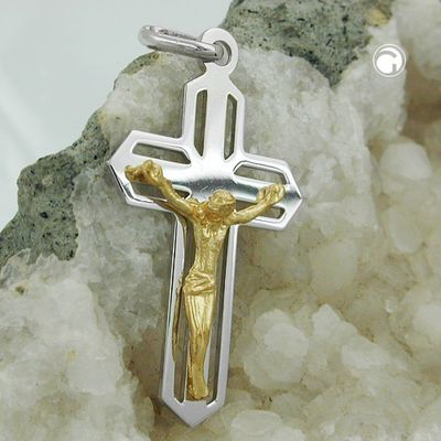 Anhänger 38x23mm Kreuz Jesus bicolor glänzend Silber 925 Anhänger 38x23mm Kreuz Jesus bicolor glänzend Silber 925