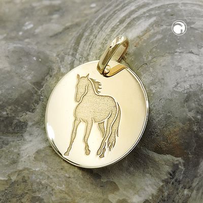 Anhänger Gravurplatte 14mm mit Lasergravur Pferd glänzend 9Kt GOLD Anhänger Gravurplatte 14mm mit Lasergravur Pferd glänzend 9Kt GOLD