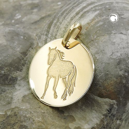 Anhänger Gravurplatte 14mm mit Lasergravur Pferd glänzend 9Kt GOLD Anhänger Gravurplatte 14mm mit Lasergravur Pferd glänzend 9Kt GOLD