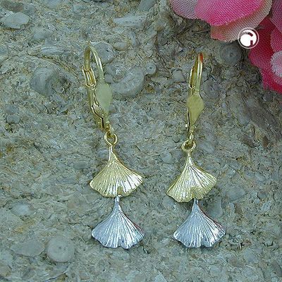 Ohrbrisur Ohrhänger Ohrringe 34x9mm Ginkgo-Blatt bicolor 9Kt GOLD Ohrbrisur Ohrhänger Ohrringe 34x9mm Ginkgo-Blatt bicolor 9Kt GOLD
