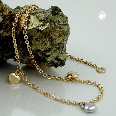 Fußkette 1,7mm Ankerkette mit 3 Herzen bicolor längenvariabel 9Kt GOLD 25cm Fußkette 1,7mm Ankerkette mit 3 Herzen bicolor längenvariabel 9Kt GOLD 25cm