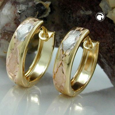 Creole Ohrring 12x3mm Klappscharnier tricolor diamantiert 9Kt GOLD Creole Ohrring 12x3mm Klappscharnier tricolor diamantiert 9Kt GOLD