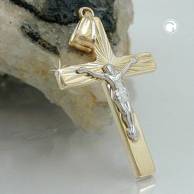Anhänger 34x17mm Kreuz mit Jesus bicolor glänzend diamantiert 9Kt GOLD Anhänger 34x17mm Kreuz mit Jesus bicolor glänzend diamantiert 9Kt GOLD