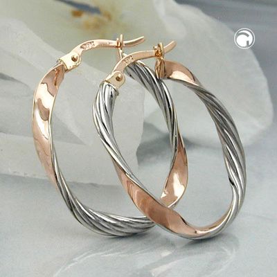 Creole Ohrring 26x21mm oval bicolor rhodiniert diamantiert 9Kt Rotgold Creole Ohrring 26x21mm oval bicolor rhodiniert diamantiert 9Kt Rotgold