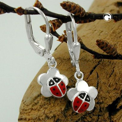 Ohrbrisur Ohrhänger Ohrringe 24x8mm Marienkäfer auf Blume Silber 925 Ohrbrisur Ohrhänger Ohrringe 24x8mm Marienkäfer auf Blume Silber 925