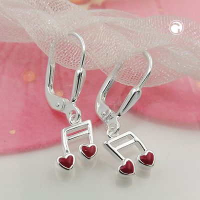 Ohrbrisur Ohrhänger Ohrringe 24x7mm Musiknote Doppelnoten mit Herz rot Silber 925 Ohrbrisur Ohrhänger Ohrringe 24x7mm Musiknote Doppelnoten mit Herz rot Silber 925
