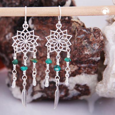 Ohrhaken Ohrring 62x16mm Mandala mit Federn und kleinen Türkis Steinen Silber 925 Ohrhaken Ohrring 62x16mm Mandala mit Federn und kleinen Türkis Steinen Silber 925