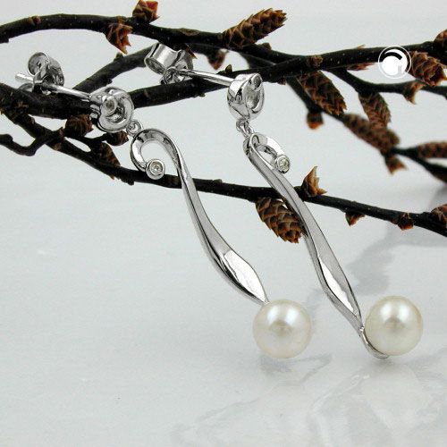 Ohrstecker Ohrring 34x6mm Ohrhänger mit Zuchtperle 6mm und Zirkonia rhodiniert Silber 925