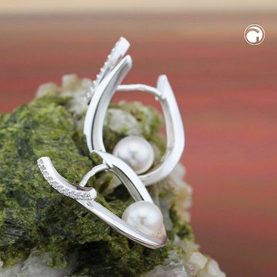 Ohrring Creole Klappscharnier 23x15mm mit Zirkonias und Zuchtperle Silber 925 Ohrring Creole Klappscharnier 23x15mm mit Zirkonias und Zuchtperle Silber 925