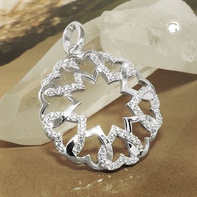Anhänger 21mm Kreis aus Herzen glänzend und mit Zirkonias Silber 925 Anhänger 21mm Kreis aus Herzen glänzend und mit Zirkonias Silber 925