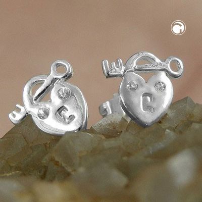 Ohrstecker Ohrring 9x8mm Herz Schloss und Schlüssel mit Zirkonia glänzend Silber 925 Ohrstecker Ohrring 9x8mm Herz Schloss und Schlüssel mit Zirkonia glänzend Silber 925
