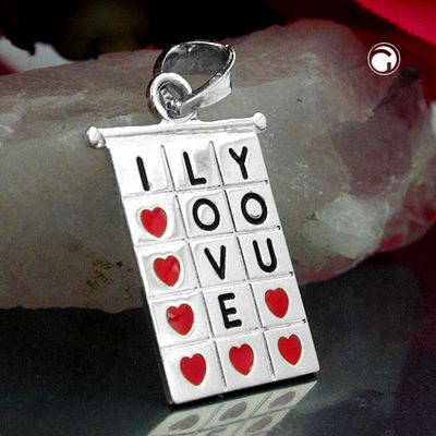 Anhänger 22x13mm Viereck I-LOVE-YOU rot-schwarz lackiert Silber 925 Anhänger 22x13mm Viereck I-LOVE-YOU rot-schwarz lackiert Silber 925